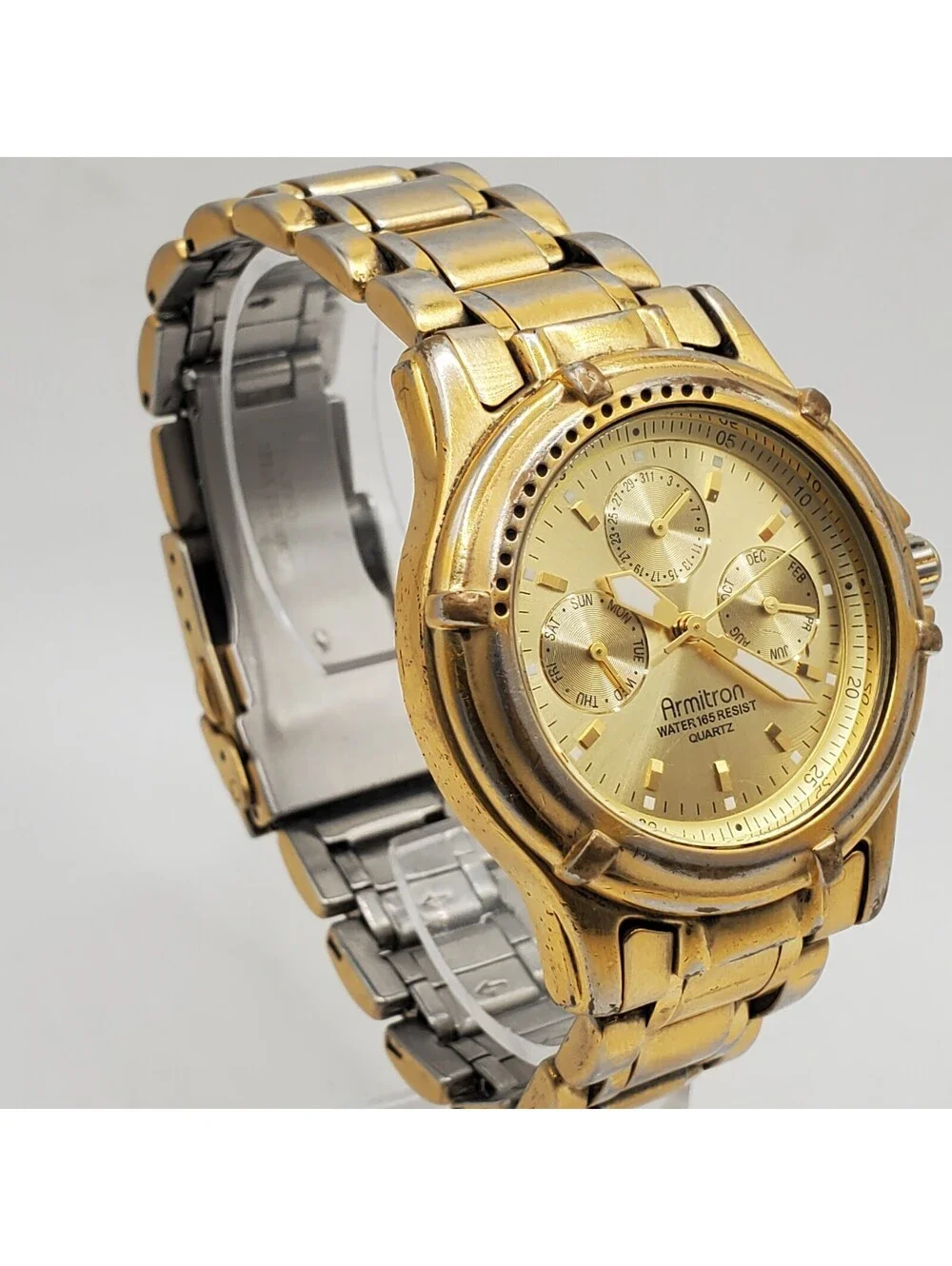 Armitron Multifunction Watch Men 37mm Gold Tone Rotating Bezel New Battery